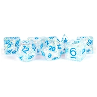 MDG Resin Flash Dice Set 16mm Polyhedral - Clear with Light Blue Numbers