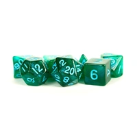 MDG Polyhedral Acrylic Dice Set 16mm with Blue Numbers- Stardust Green